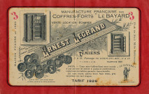 Manufacture française des coffres-forts "Le Bayard". Ernest Legrand, fournisseur de la ville d'Amiens, des Armées françaises, britanniques & portugaises, des banques & administrations