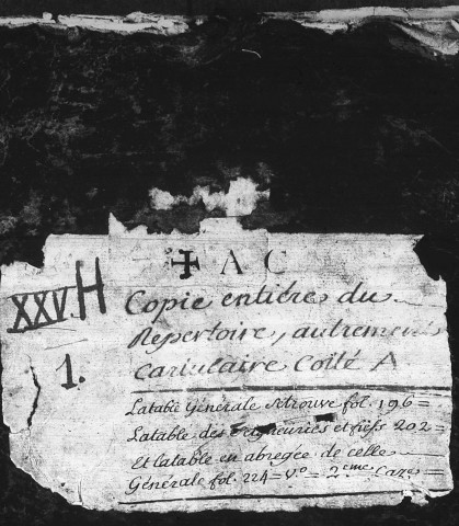 Abbaye de Saint-Riquier, Diocèse d'Amiens (Bénédictins). - Registre "+ AC" (f. 1-228). Copie du "répertoire ou Cartulaire" composé en 1489. Titres depuis le 11e s. (copie) - 18e s.