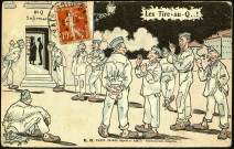 Carte postale humoristique "Bâtiment Q infirmerie, Les tires au Q ..." adressée par Emile Sueur (1886-1948) à Lucien Colard