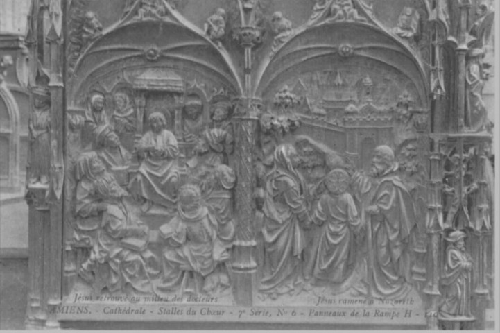 Cathédrale - Stalles du Choeur - 7è série, n° 6 - Panneaux de la Rampe H - 110 - Jésus retrouvé au milieu des docteurs - Jésus ramené à Nazareth