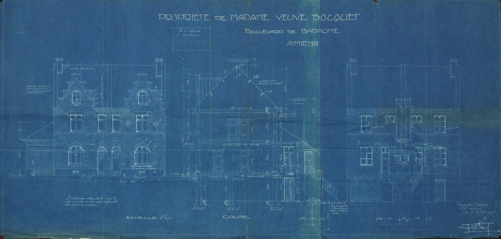 Propriété de Mme Vve Bocquet, boulevard de Bapaume à Amiens : plan au sol et élévations