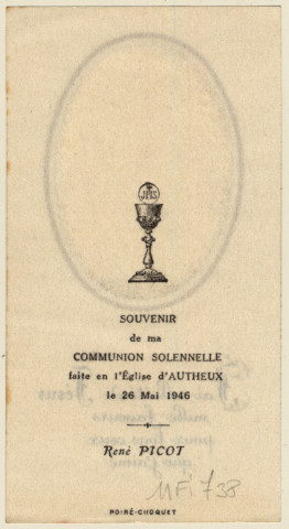 Le Christ donnant la communion à une jeune fille. Souvenir de communion solennelle de René Picot faite en l'église d'Autheux le 26 mai 1946