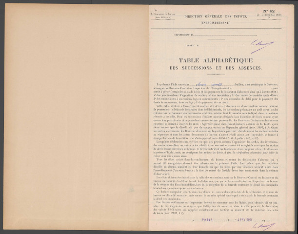 Table des successions et absences du bureau de Péronne