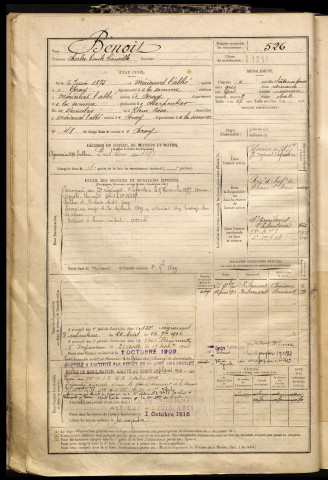 Benoit, Charles Emile Camille, né le 06 juin 1875 à Méricourt-l'Abbé (Somme), classe 1895, matricule n° 526, Bureau de recrutement de Péronne