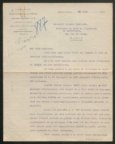 Témoignage de Lièvre, Alfred et correspondance avec Jacques Péricard