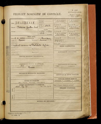 Delobelle, Clotaire Gaston Vast, né le 06 février 1892 à Rumigny (Somme), classe 1912, matricule n° 1262, Bureau de recrutement d'Amiens