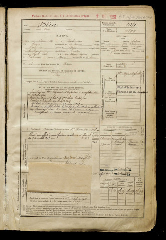 Blin, Jules Henri, né le 26 février 1879 à Harbonnières (Somme), classe 1899, matricule n° 1011, Bureau de recrutement de Péronne