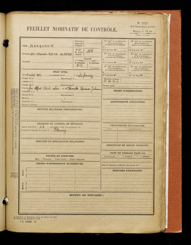 Marquant, Saintonge Emile Albert, né le 08 avril 1897 à Fresnoy-au-Val (Somme), classe 1917, matricule n° 192, Bureau de recrutement d'Amiens