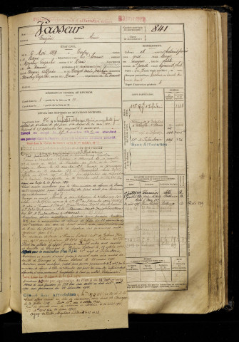 Vasseur, Eugène, né le 06 mai 1889 à Tertry (Somme), classe 1909, matricule n° 841, Bureau de recrutement de Péronne