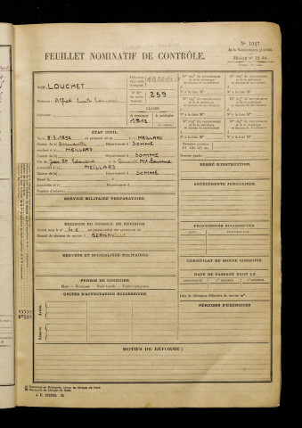 Louchet, Alfred Emile Edouard, né le 05 mars 1892 à Meillard (Le) (Somme), classe 1912, matricule n° 259, Bureau de recrutement d'Abbeville