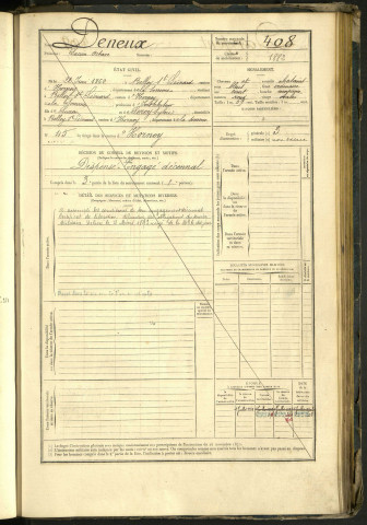 Deneux, Lucien Octave, né le 22 juin 1862 à Belloy-Saint-Léonard (Somme, France), classe 1882, matricule n° 408, Bureau de recrutement d'Amiens