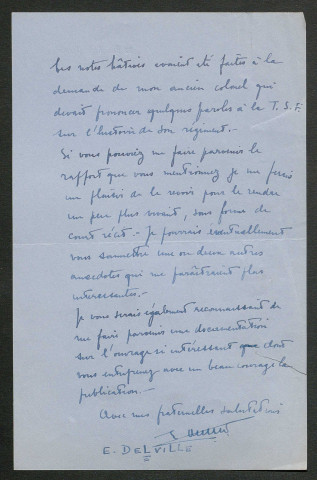 Témoignage de Delvigne, E. (Sergent patrouilleur) et correspondance avec Jacques Péricard