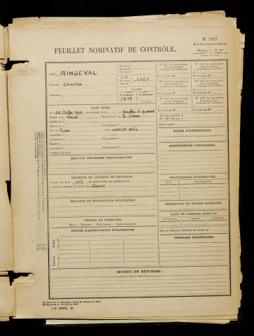 Ringeval, Charles, né le 25 octobre 1895 à Templeux-le-Guérard (Somme), classe 1915, matricule n° 1121, Bureau de recrutement de Péronne