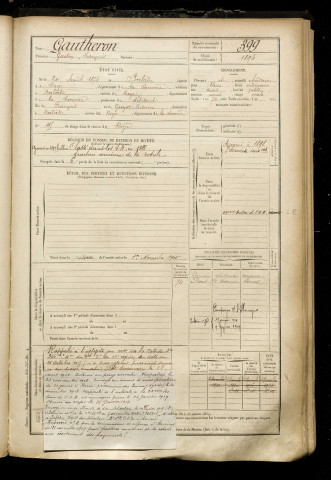 Gautheron, Gaston François, né le 20 août 1876 à Balâtre (Somme), classe 1896, matricule n° 399, Bureau de recrutement de Péronne