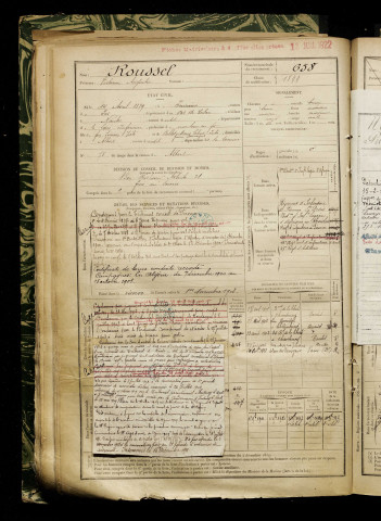 Roussel, Victorien Augustin, né le 14 avril 1879 à Puisieux (Pas-de-Calais), classe 1899, matricule n° 658, Bureau de recrutement de Péronne
