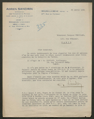 Témoignage de Sandrin, Adrien et correspondance avec Jacques Péricard