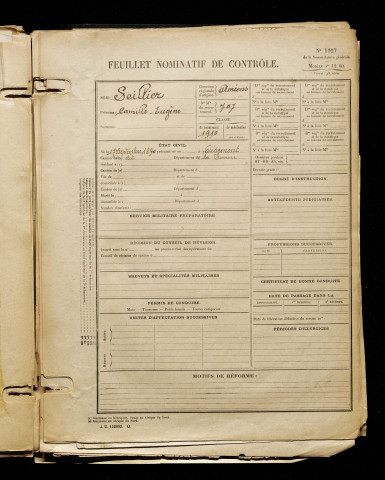 Seillier, Camille Eugène, né le 17 septembre 1890 à Oisemont (Somme), classe 1910, matricule n° 707, Bureau de recrutement d'Amiens