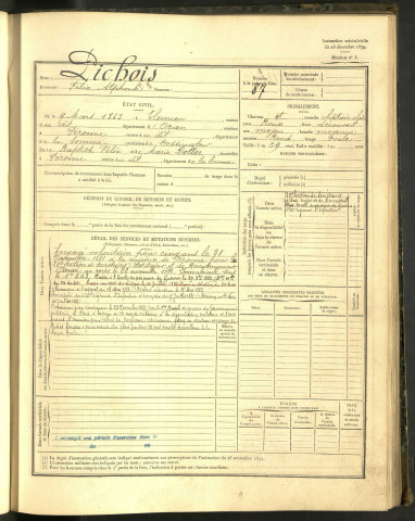 Pichois, Félix Alphonse, né le 09 mars 1863 à Tlemcen (Wilaya de Tlemcen, Algérie), classe 1880, matricule n° Pas de numéro, Bureau de recrutement de Péronne