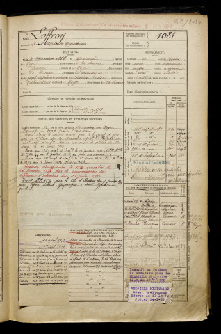 Loffroy, Louis Alphonse Marcel, né le 31 décembre 1888 à Curchy (Somme), classe 1908, matricule n° 1081, Bureau de recrutement de Péronne
