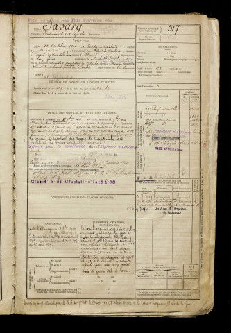 Savary, Edouard Auguste, né le 13 octobre 1894 à Inchy-en-Artois (Pas-de-Calais), classe 1914, matricule n° 517, Bureau de recrutement d'Amiens
