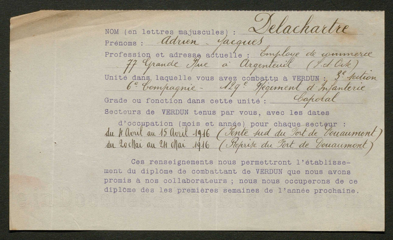 Témoignage de Delarchartre, Adrien (Caporal) et correspondance avec Jacques Péricard