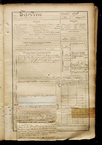 Tardieu, Jean Marie Savinien, né le 19 octobre 1877 à Aizecourt-le-Bas (Somme), classe 1897, matricule n° 598, Bureau de recrutement de Péronne