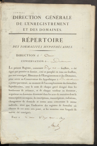 Répertoire des formalités hypothécaires, du 29/01/1830 au 15/06/1830, volume n° 52 (Conservation des hypothèques de Doullens)