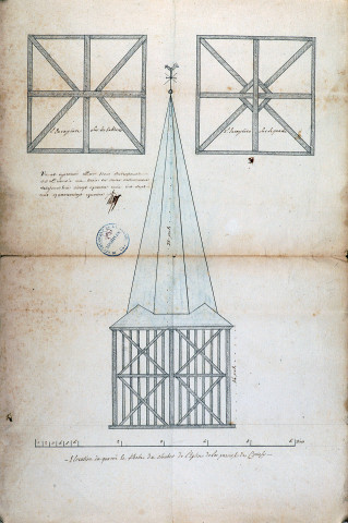 Elévation du carré et flèche du clocher de l'église de la paroisse de Croissy