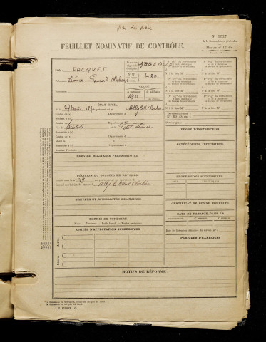 Facquet, Léonce Pascal Alphonse, né le 27 août 1891 à Ailly-le-Haut-Clocher (Somme), classe 1911, matricule n° 480, Bureau de recrutement d'Abbeville