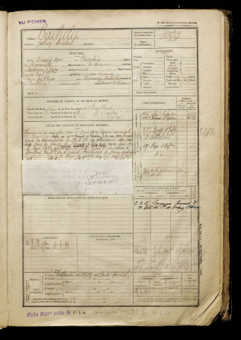 Bachelet, Julien Michel, né le 08 mars 1900 à Outrebois (Somme), classe 1920, matricule n° 1029, Bureau de recrutement d'Abbeville