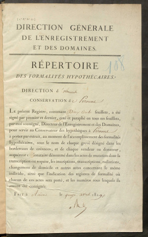 Répertoire des formalités hypothécaires, du 23/08/1829 au 15/01/1830, registre n° 108 (Péronne)