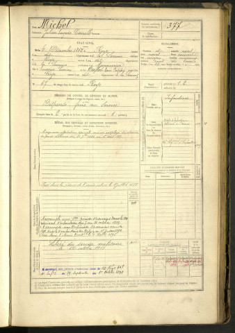 Michel, Julien Eugène Camille, né le 6 décembre 1862 à Roye (Somme, France), classe 1882, matricule n° 377, Bureau de recrutement de Péronne