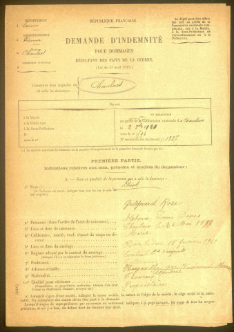 Chaulnes. Demande d'indemnisation des dommages de guerre : dossier Diot-Grongnard