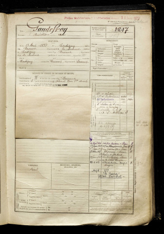Gaudefroy, Aurélien, né le 17 mai 1897 à Cartigny (Somme), classe 1917, matricule n° 1217, Bureau de recrutement de Péronne