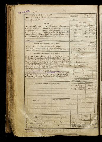 Vasseur, Gérard Achille, né le 17 août 1899 à Fontaine-sur-Somme (Somme), classe 1919, matricule n° 988, Bureau de recrutement d'Abbeville