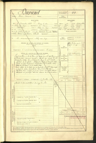 Durand, Henri Edmond, né le 05 novembre 1863 à Quiry-le-Sec (Somme, France), classe 1883, matricule n° 29, Bureau de recrutement de Péronne