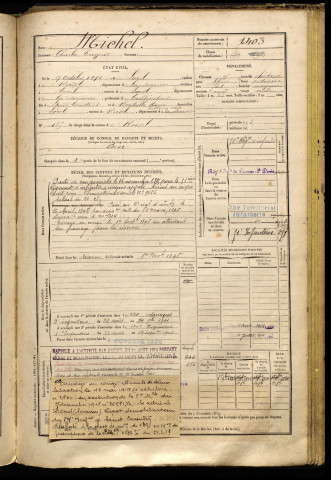 Michel, Charles Eugène, né le 09 octobre 1874 à Sorel (Somme), classe 1894, matricule n° 1403, Bureau de recrutement de Péronne