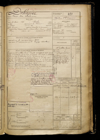 Dehapiot, François René Aimable, né le 29 mars 1899 à Conty (Somme), classe 1919, matricule n° 421, Bureau de recrutement de Péronne