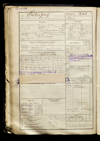Pétigny, Antoine Emile Albert, né le 01 novembre 1901 à Conty (Somme), classe 1921, matricule n° 265, Bureau de recrutement d'Amiens