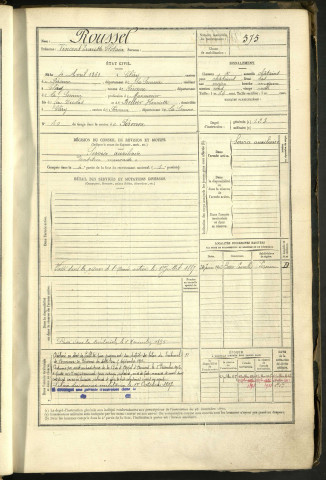 Roussel, Vincent Evariste Clotaire, né le 4 avril 1861 à Cléry (Somme, France), classe 1881, matricule n° 575, Bureau de recrutement Péronne