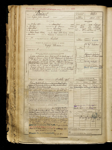 Boinet, Eugène Jules Edmond, né le 24 mai 1881 à Assevillers (Somme), classe 1901, matricule n° 1084, Bureau de recrutement de Péronne
