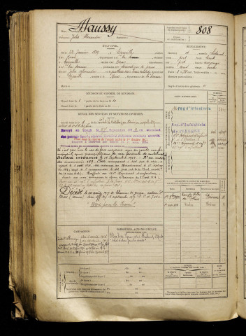Daussy, Jules Alexandre, né le 22 janvier 1889 à Eppeville (Somme), classe 1909, matricule n° 808, Bureau de recrutement de Péronne
