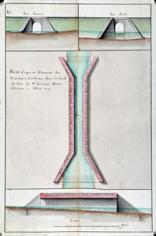 Plan coupe et élévations d'un ponceau à construire dans le fond du bois de St Laurent route d'Amiens à Albert