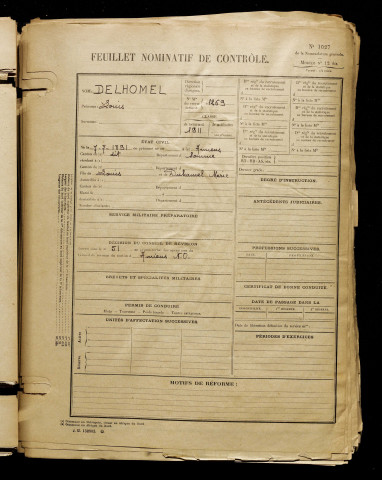 Delhomel, Louis, né le 07 juillet 1891 à Amiens (Somme), classe 1911, matricule n° 1269, Bureau de recrutement d'Amiens
