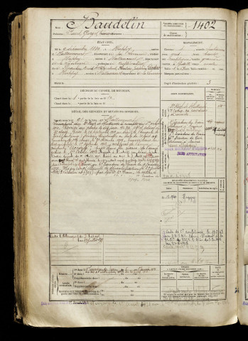 Baudelin, Paul Georges Edouard, né le 09 décembre 1889 à Huppy (Somme), classe 1909, matricule n° 1402, Bureau de recrutement d'Abbeville