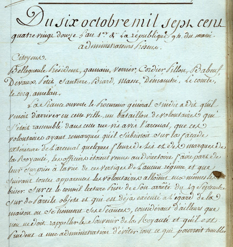 Délibérations et arrêtés du conseil du département : session permanente du 6 octobre 1792, l'an premier de la République 9h. du matin