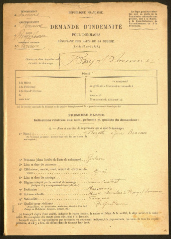 Bray-sur-Somme. Demande d'indemnisation des dommages de guerre : dossier Bizette-Boucan