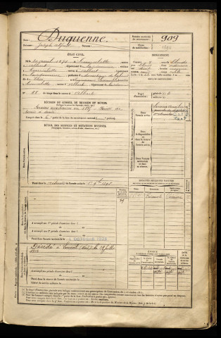 Duquenne, Joseph Alfred, né le 30 avril 1874 à Courcelette (Somme), classe 1894, matricule n° 909, Bureau de recrutement de Péronne