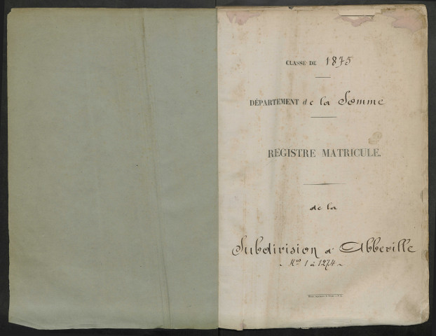 Abbeville : liste des matricules n° 1 à 1274 de la classe 1875