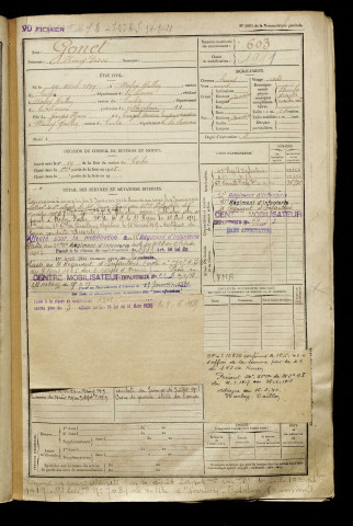 Gonet, Henry Désiré, né le 29 avril 1897 à Warloy-Baillon (Somme), classe 1917, matricule n° 603, Bureau de recrutement d'Amiens